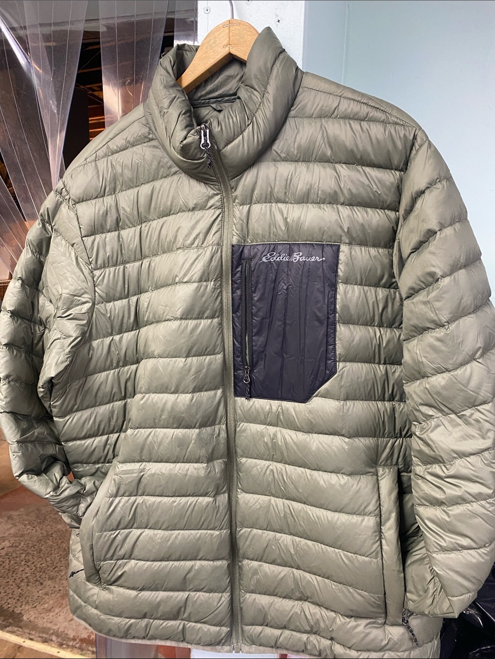 Eddie Bauer Olive Green Quilted Puffer Jacket with Black Chest Pocket
